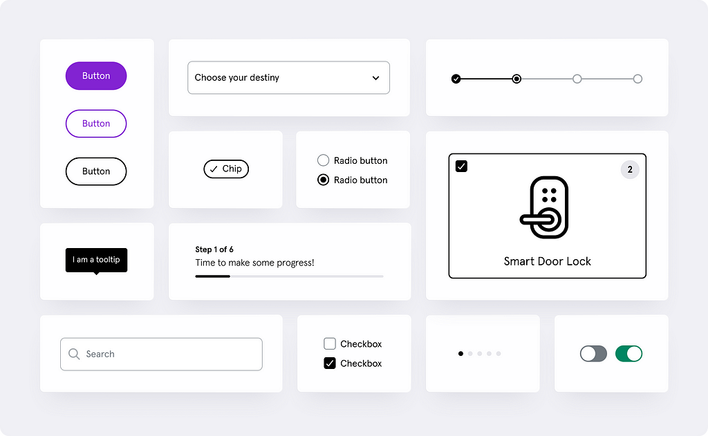 Examples of component in the design system. Buttons, checkboxes, tooltips, cards, and other interface elements are shown.