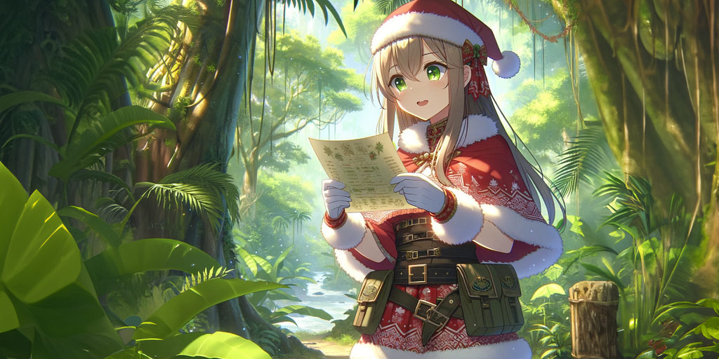 An anime girl dressed as Santa is looking on a wishlist in a jungle.