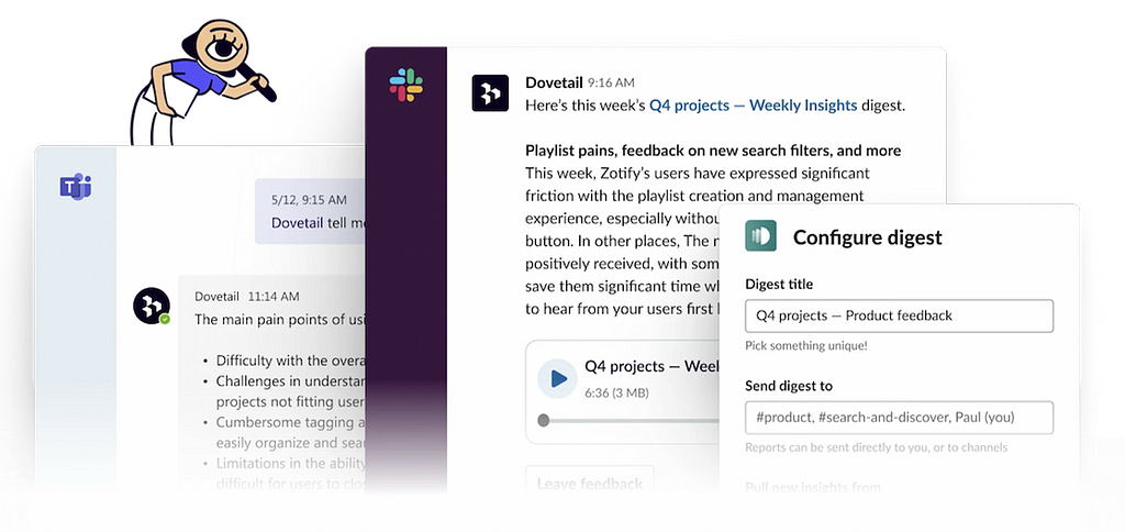Composite interface showing Slack-style messages, an audio digest player titled “Q4 projects — Weekly Insights,” and a “Configure digest” panel with fields for title and destination channels.