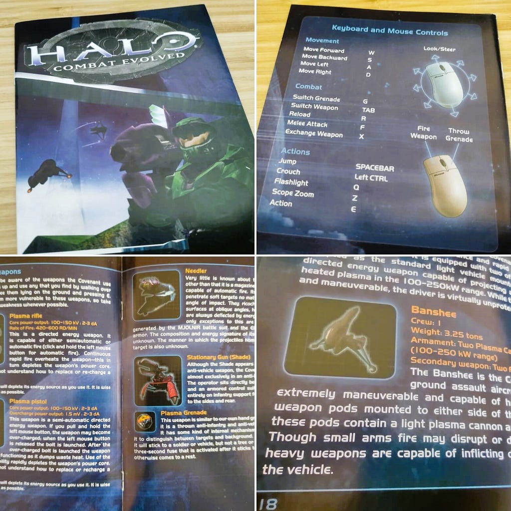 A collage of various photographs taken of the Halo game manual