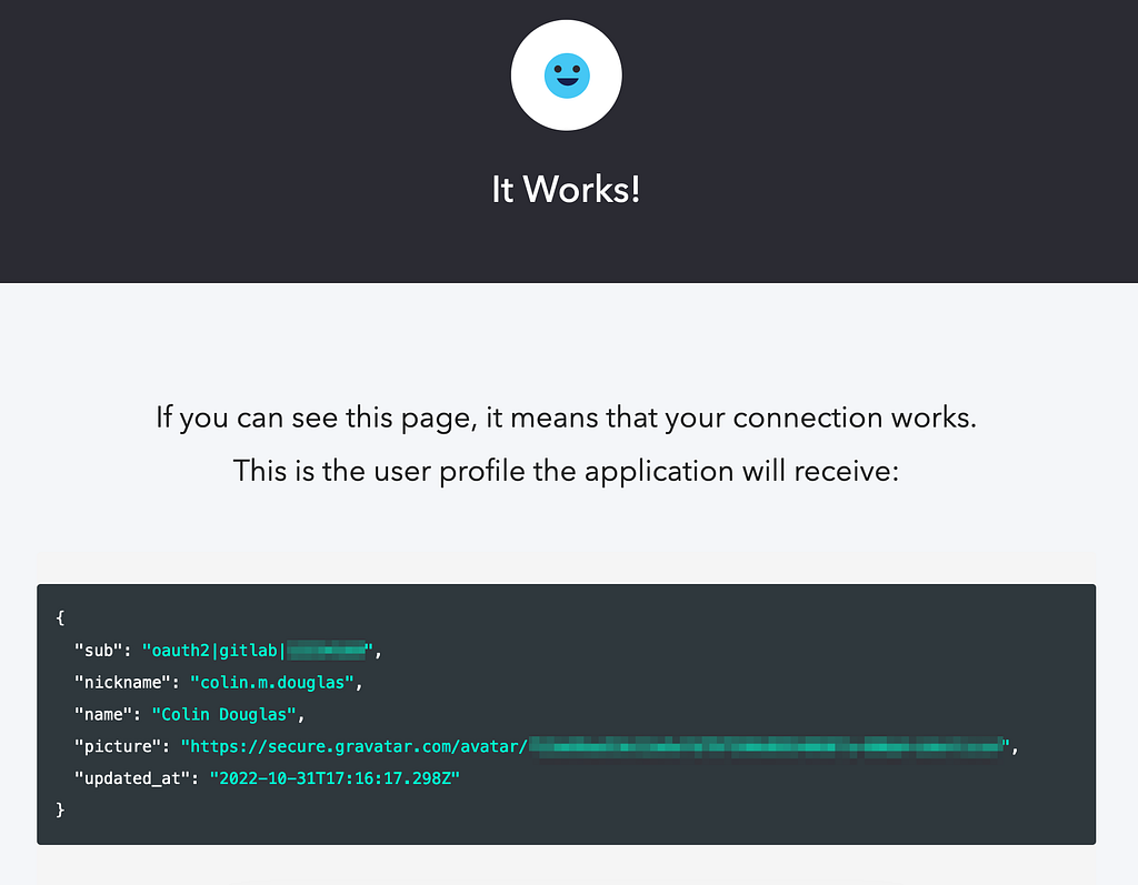 The success screen from Auth0 after clicking “Try Connection” on the GitLab social connection.