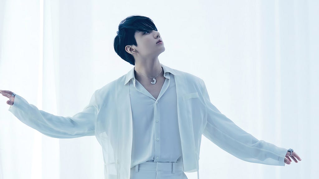 bts member jungkook iconic image in complete white outfit from proof mv