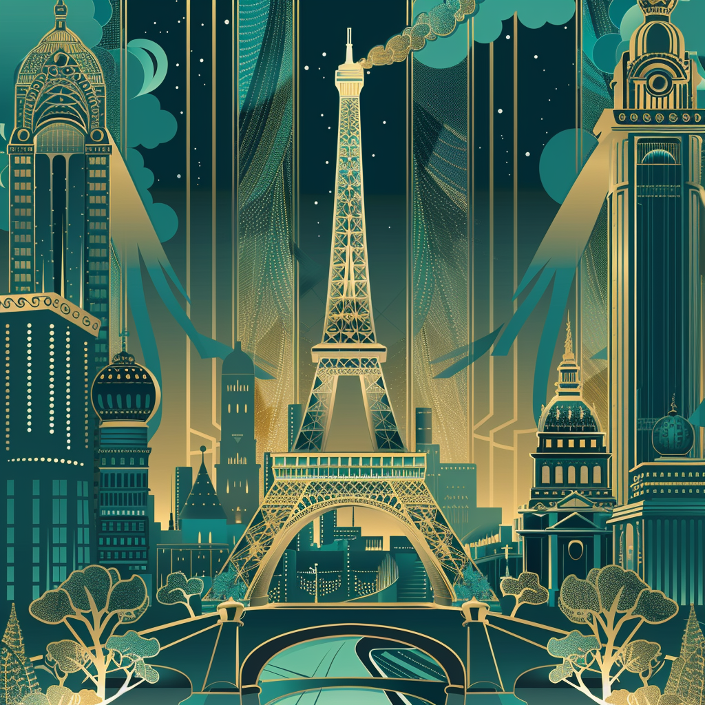 A teal background with gold neo-deco and art-deco decorations, depicting the beauty of paris