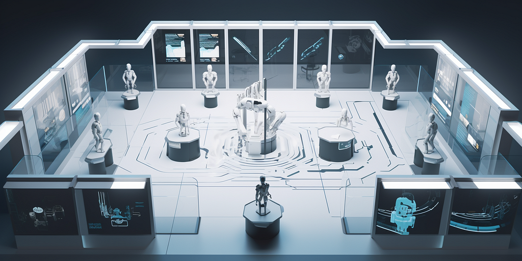 A depiction of a virtual training ground, where Narrow AI systems act as coaches and instructors, honing the skills and abilities of a General AI, ensuring its safe and responsible development