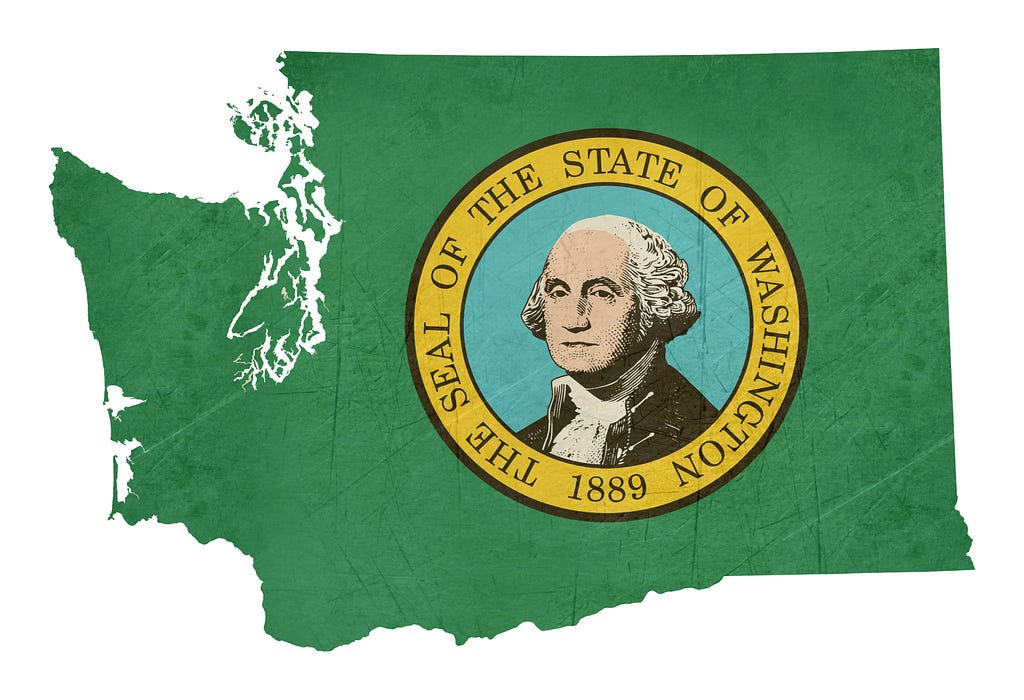 Outline of green Washington state with the state seal