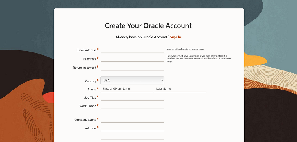 Oracle webpage: Create your Oracle Account