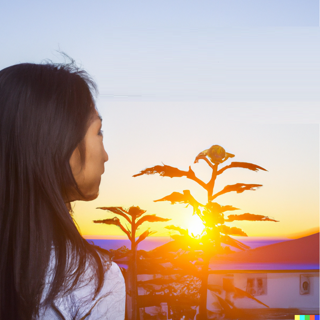 A person sitting, watching the sunrise with a sense of hope and determination