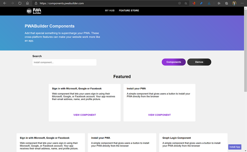 A screenshot of the Components and Demos showcase