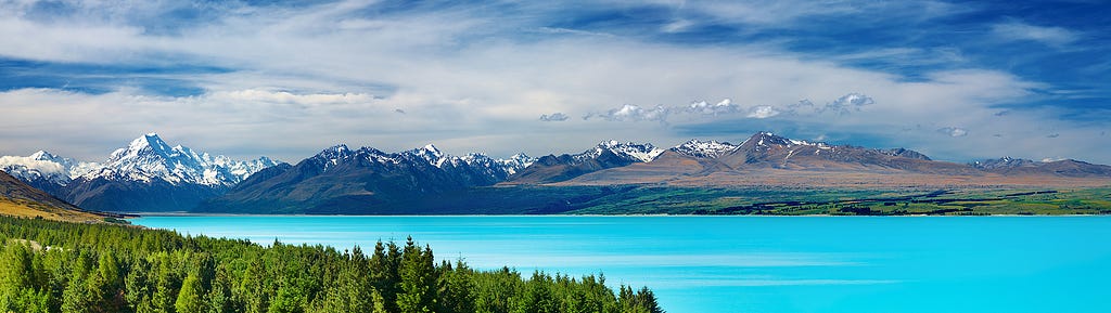 Landscape of Aoraki Mt Cook and ranges in the distance, bright ice blue Pukaki Lake in centre and pine trees in foreground.