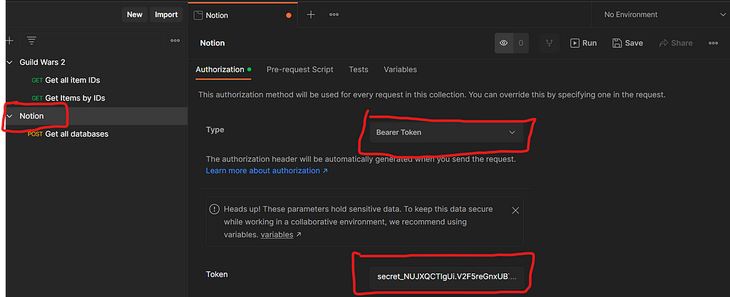 Screenshot of adding Notion authorization tokens in Postman.