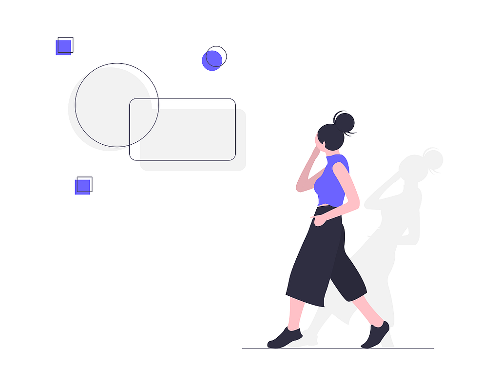 Drawn vector image of woman walking and looking at shapes in background