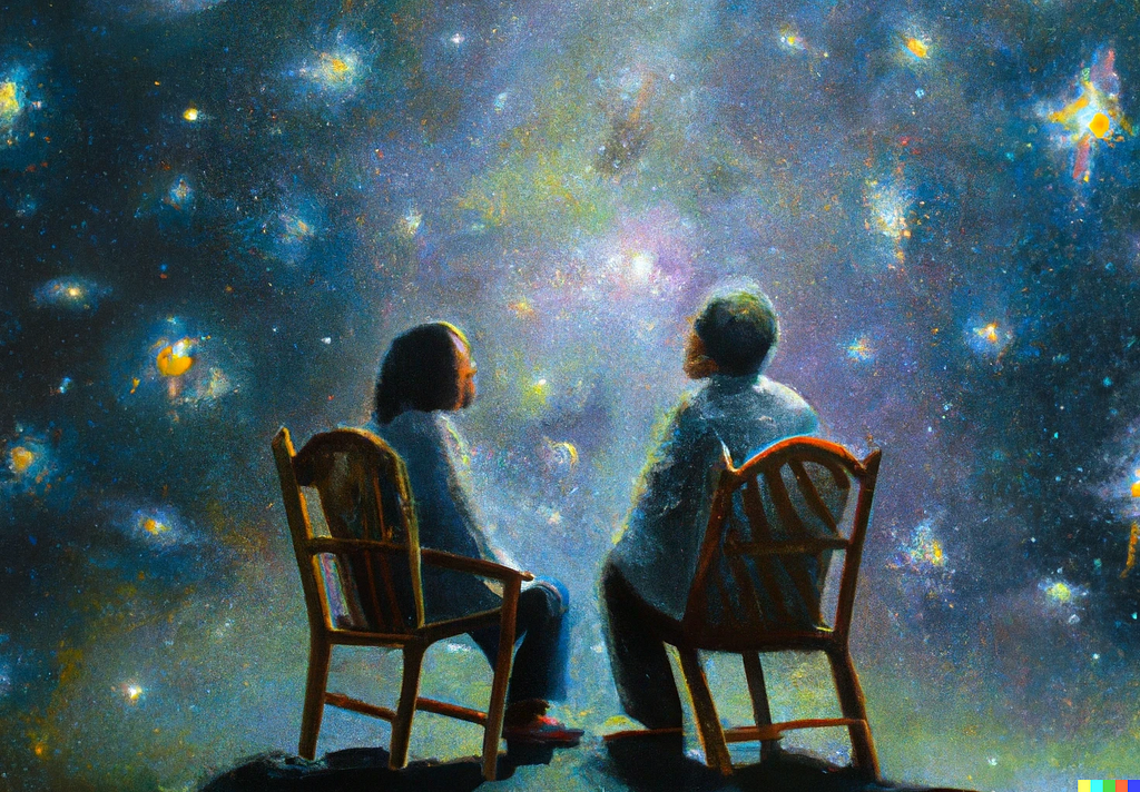 A realistic oil painting of two people seated in chairs talking to each other flying through the cosmos