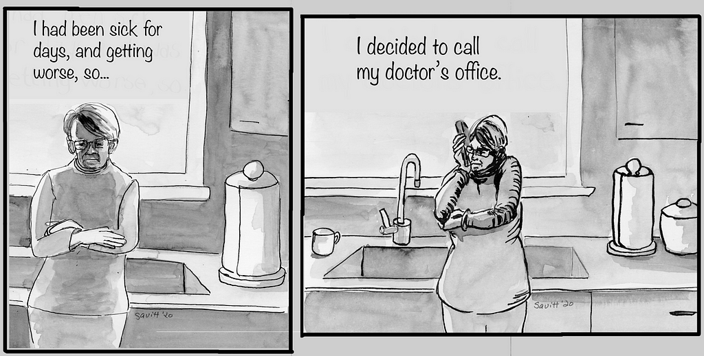Cartoon panel with two images of a woman in her kitchen.