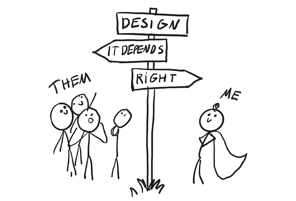 A doodle showing a signpost with three captions. The caption “design” is at the top. The caption “right” points to the right toward the “Me” sticky figure with a cape. The caption “It depends” points toward the left to the four sticky figures with the “them” caption.