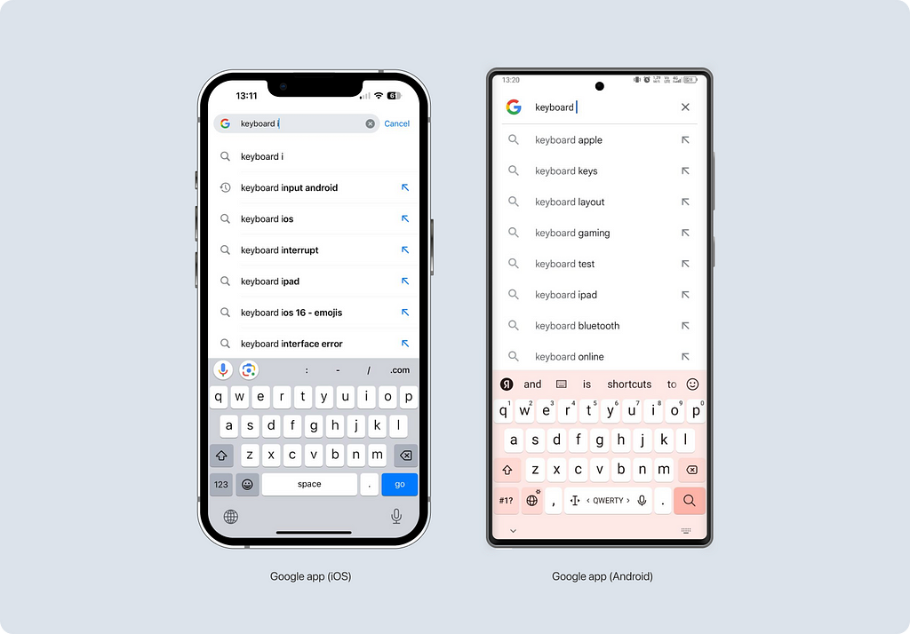 Keyboards for entering the site address in the Google app