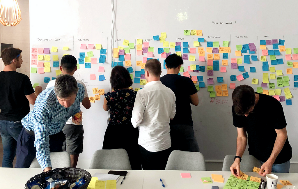 A team workshop. People standing around a whiteboard adding notes