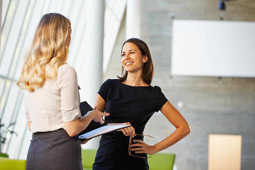 Two businesswomen talking in an office.