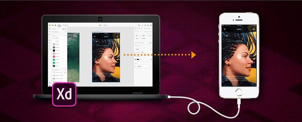 Image showing connectivity between Xd desktop to Mobile for live prototyping.