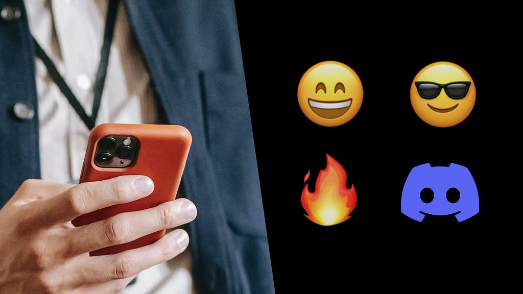Image showing person holding a phone on the left and different emojis on the right including Discord logo.