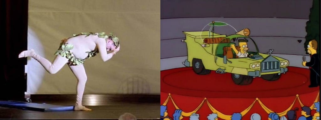 Side-by-side still frames. On the left: a pudgy, middle-aged man on a stage in a leotard doing an interpretative dance. On the right: Homer Simpson waves proudly from inside a ridiculous-looking car on a stage.