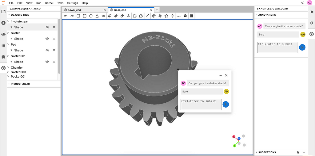 Screenshot of JupyterCAD, showing a model of gear, with an anotation editor opened.