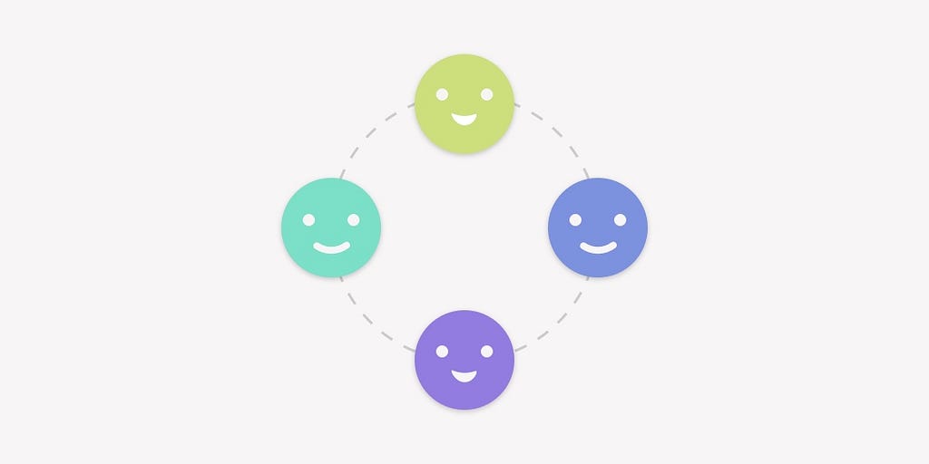 4 face graphics in a circle, symbolizing a group