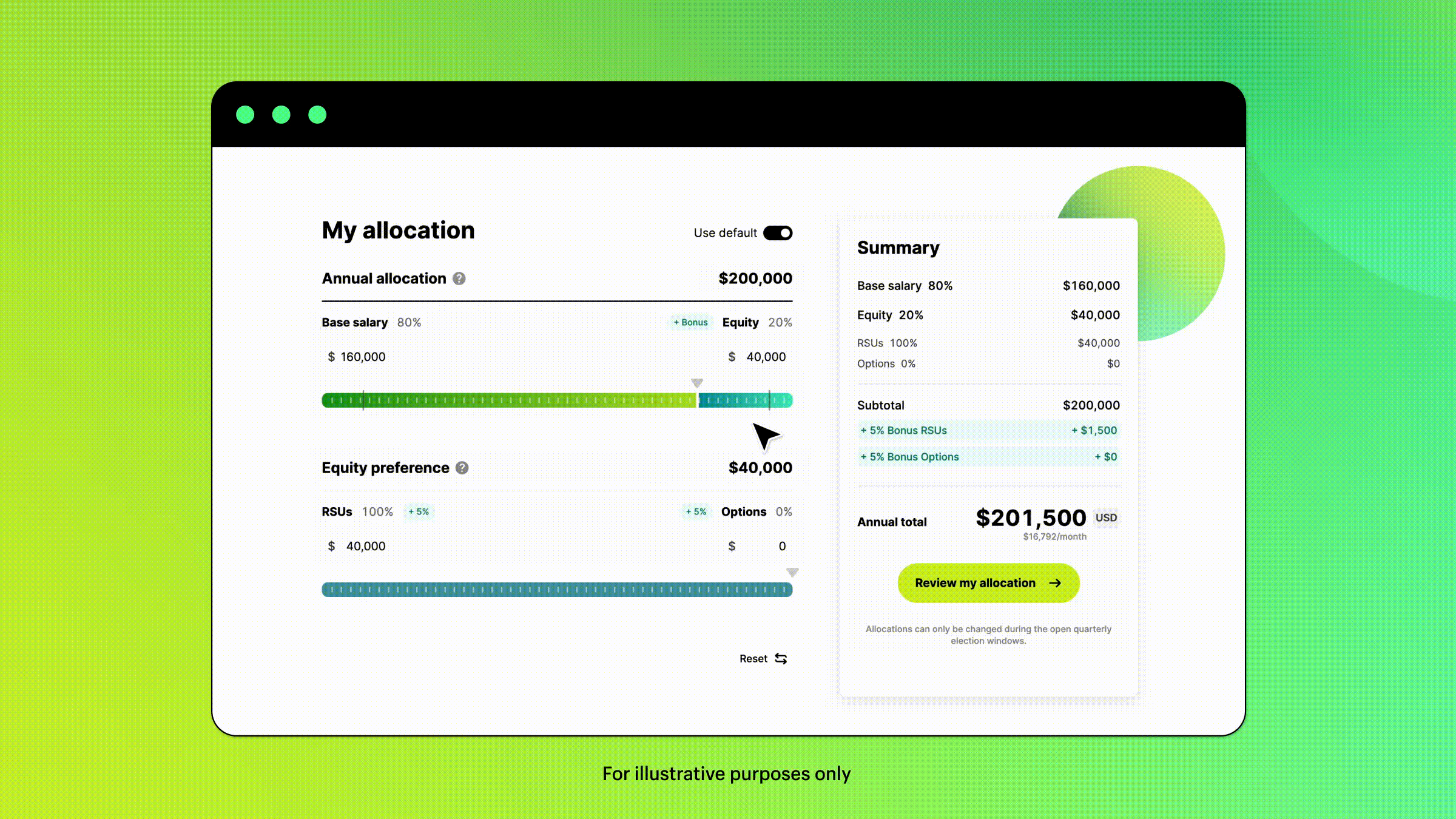 A simulation of the final allocation page where the slider functions.