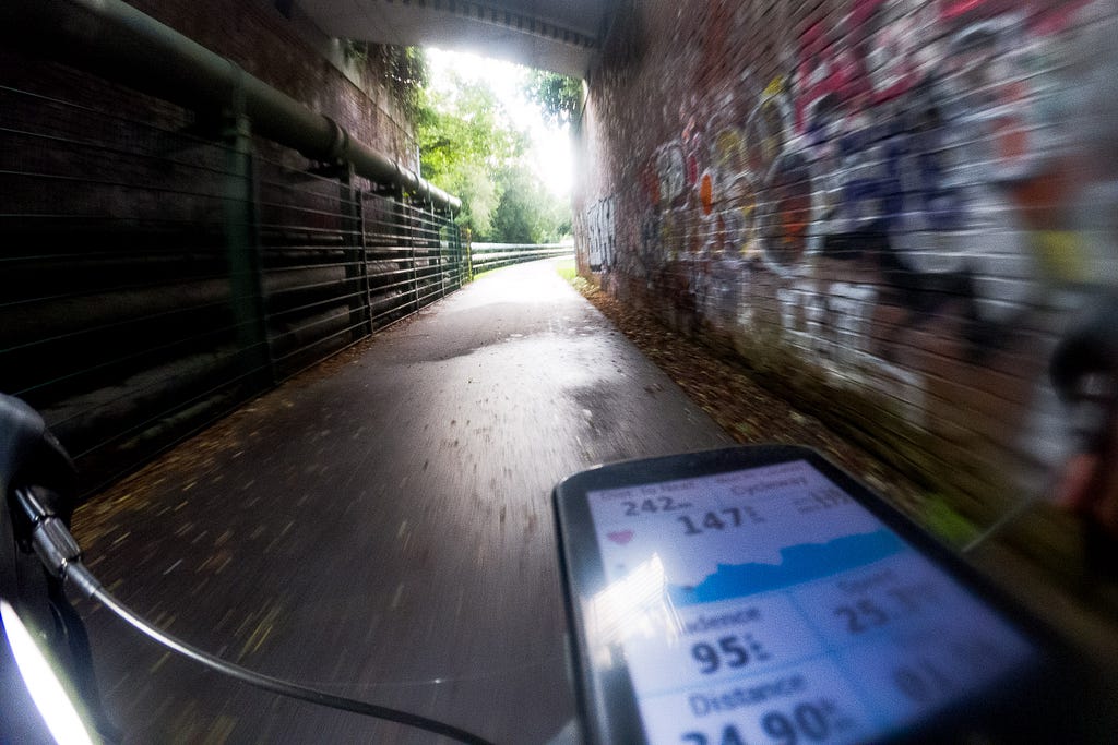 On the cycle path that connects Nordsternpark and Zollverein, two defunct coal mines in the area. Essen, Germany, August 6, 2023.