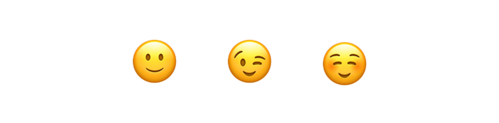 Três emojis de rosto sorrindo, rosto piscando e rosto alegre.