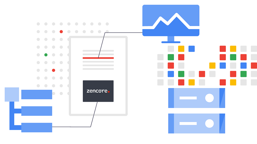 Google Cloud primary colour graphics and icons representing data, monitoring and logging.