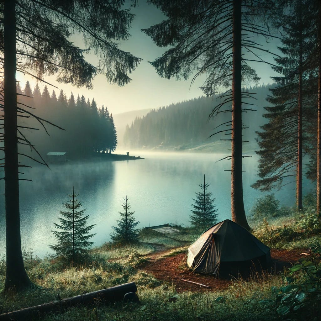 A serene, picturesque lake at dawn with a hint of mist over the water. In the foreground, a small, weathered tent is pitched near the Lake Bodom