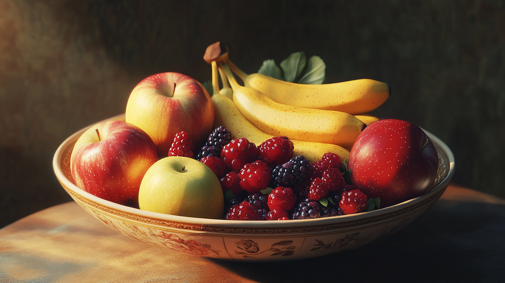 A bowl of fruits that help overcome depression: Apples, Berries and Bananas