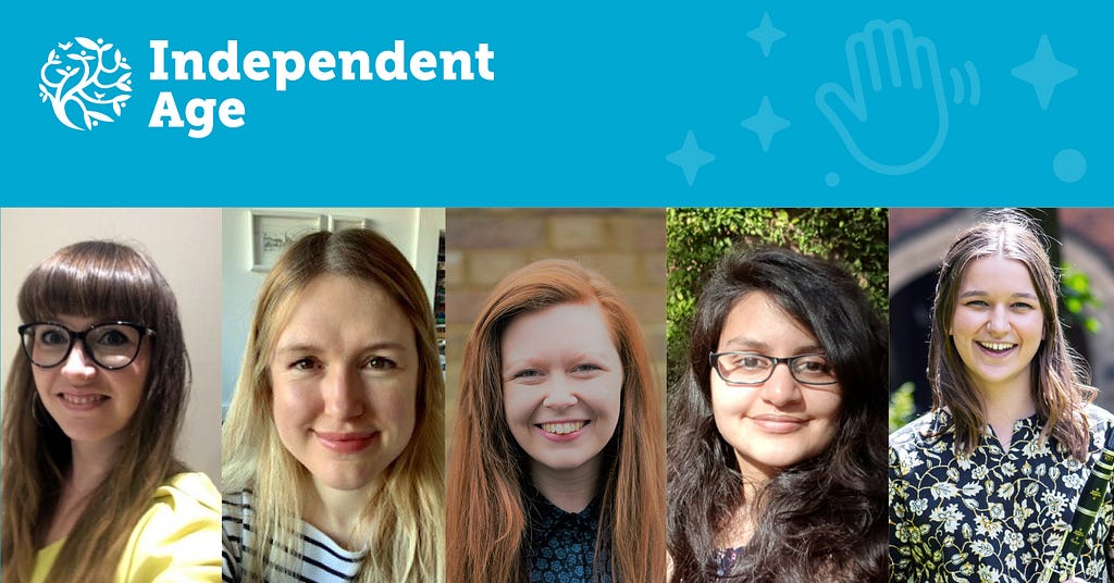A collage of 5 of the 6 members of the volunteering team. A blue Independent Age banner runs along the top of the collage.