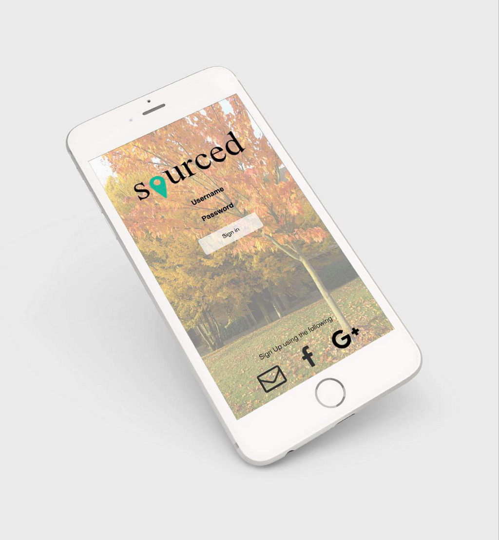 A mockup of the Sign Up screen to the app, on a slant to the left at about 40 degrees. iPhone 6 or perhaps 7.