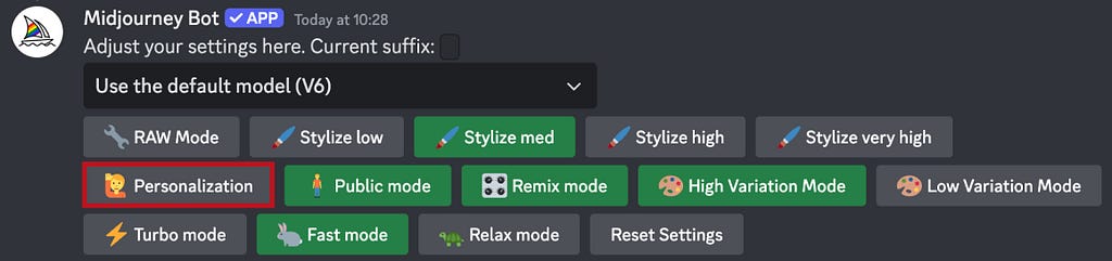 Settings for Midjourney on Discord