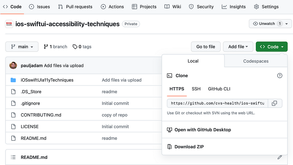 Code menu button expanded to show the Clone options, Open with GitHub Desktop, or Download ZIP