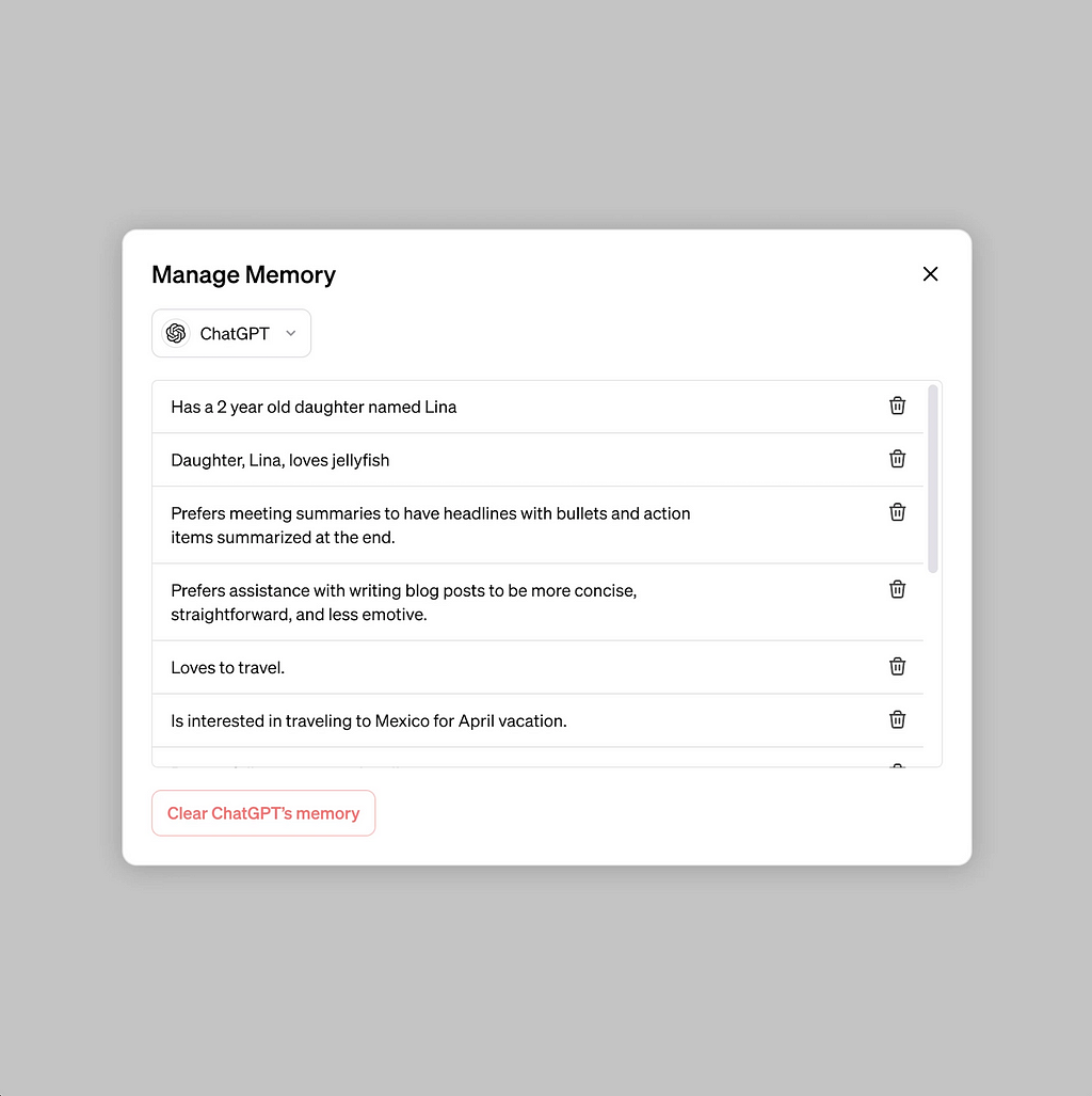 A screenshot of ChatGPT’s memory interface, showing “memories” and ability to remove them from the conversation