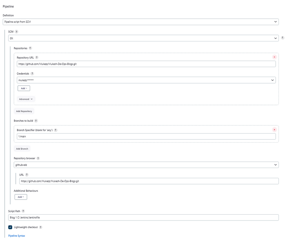 Screenshot of the pipeline in the configuration job using github Jenkinsfile