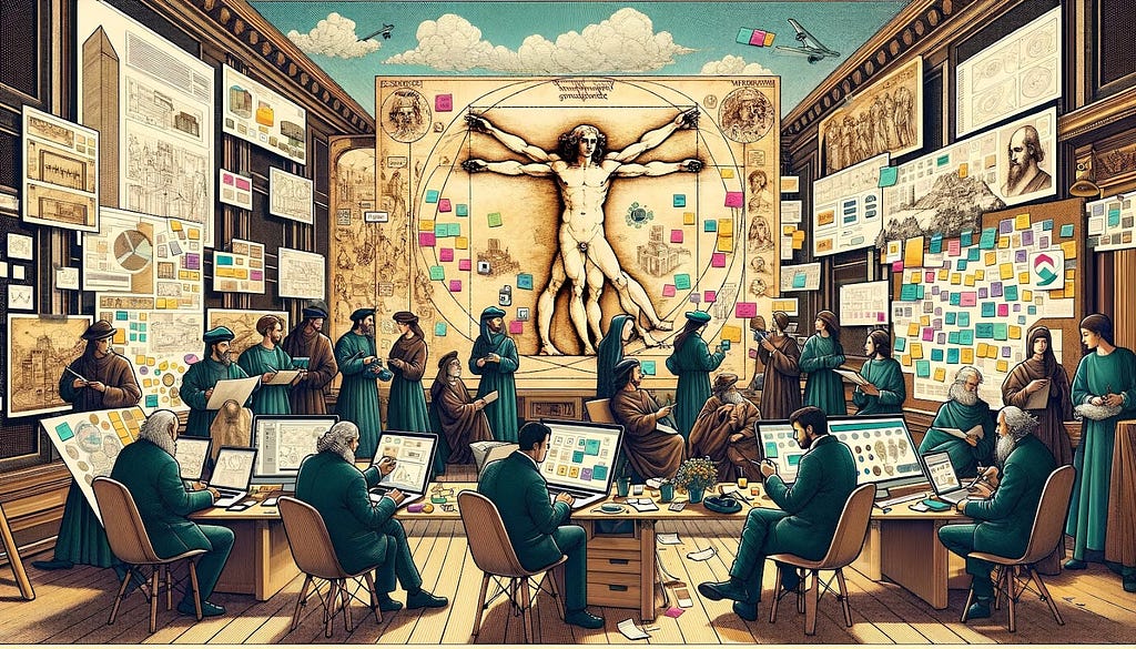 A dynamic scene blends Renaissance and modern elements, centered around the Vitruvian Man with individuals in mixed attire using both ancient tools and digital devices in a workshop setting.