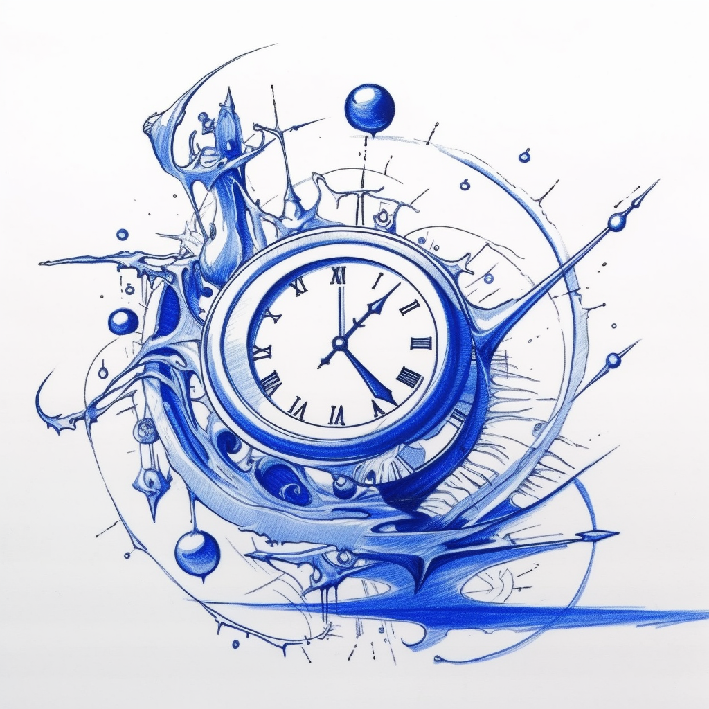 AI generated image of a fantasy clock, resembling Salvador Dali’s style, as a ballpoint drawing.