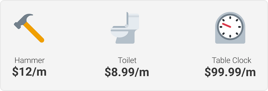Emoji image of hammer, toilet, and table clock with subscription amount.