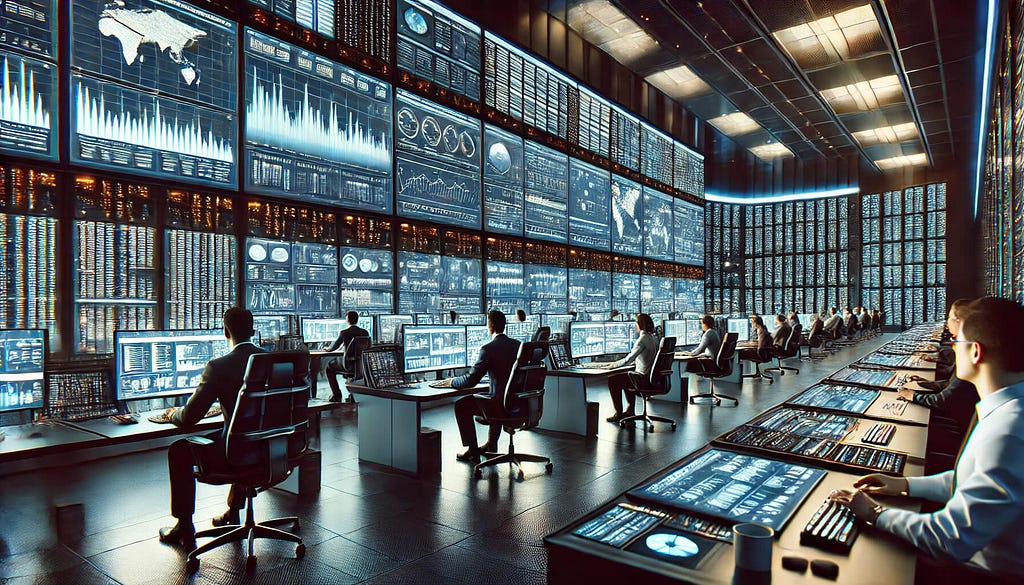 An image of a user data control room with people working at stations, emphasizing the importance of managing and securing user data in a high-tech environment and addressing concerns of data exploitation.