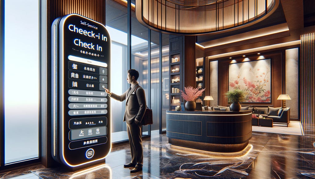 Asian hotel guest using a multilingual check-in kiosk, highlighting the role of AI in hospitality.