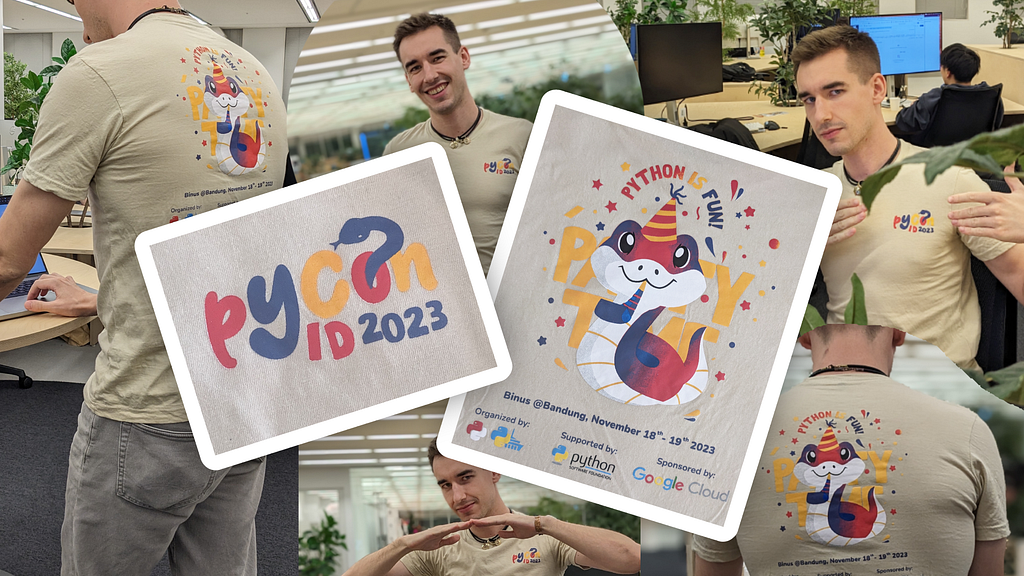 A collage of the tan PyCon ID tee. The front logo features red, blue, and yellow letters and the back logo features a happy snake with a party hat. The author of the article looks particularly cool in this picture.