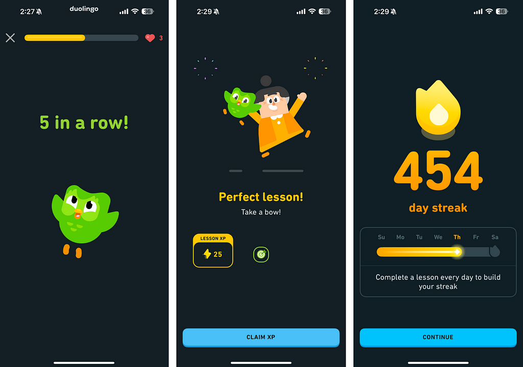 Three screenshots of the Duolingo app. The first shows a message congratulating the user on completing 5 lessons in a row. The second shows Duo the owl celebrating with fireworks. The third shows a streak counter with the user’s current streak of 454 days.