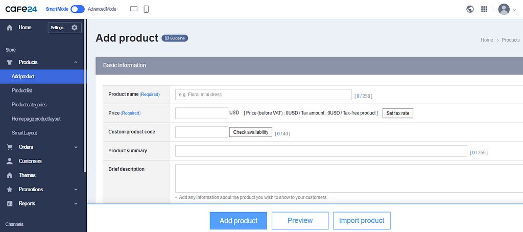 Cafe24’s ‘Add product’ dashboard