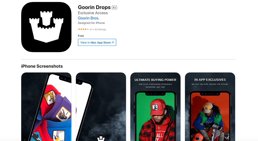 Screenshot of the Goorin Bros. app with the hat logo.