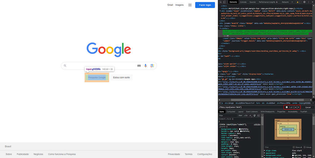 Botão ‘Pesquisa Google’ localizado no DevTools com 1 ocorrência