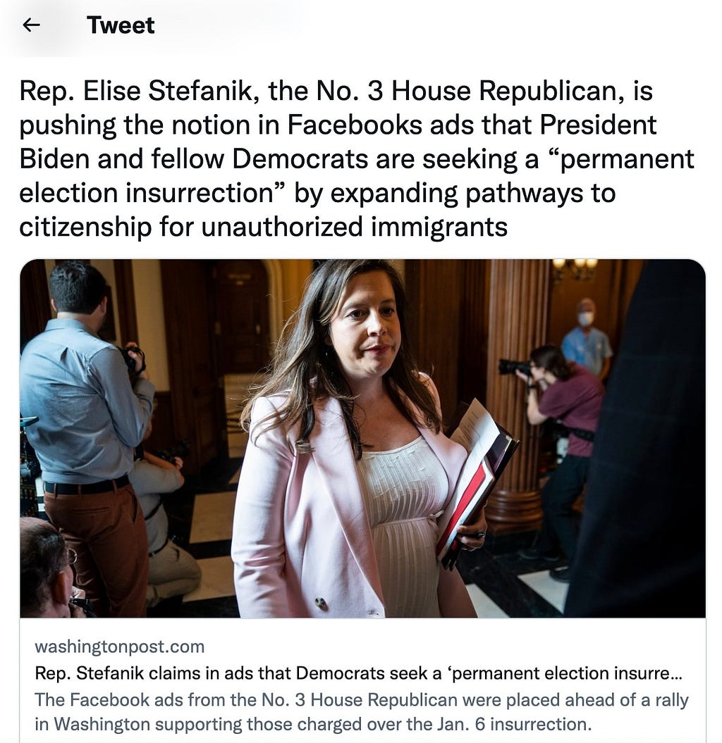 Washington Post Tweet of NY Congresswoman Elise Stefanik under siege after statements supporting Replacement Theory.