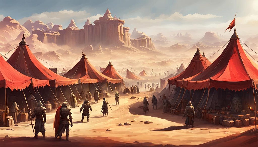 a desert market in an unknown realm, red tents line the path towards a distant sandstone city